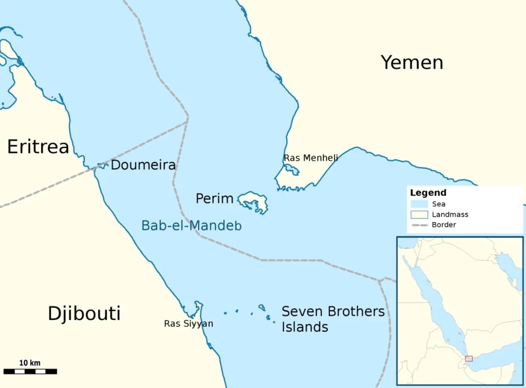 Map showing the Bab el-Mandeb Strait between Yemen, Djibouti and Eritrea, including Perim Island.