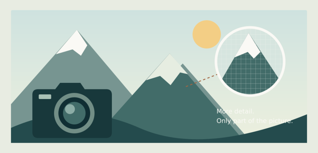 Illustration of a camera framing mountains with a magnified pixel grid.